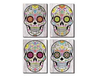Colourful Skull Decor Wall Art, Four Panels Set, Modern Art Print on Wood, Boho Vintage Home Decoration, Different Sizes Available