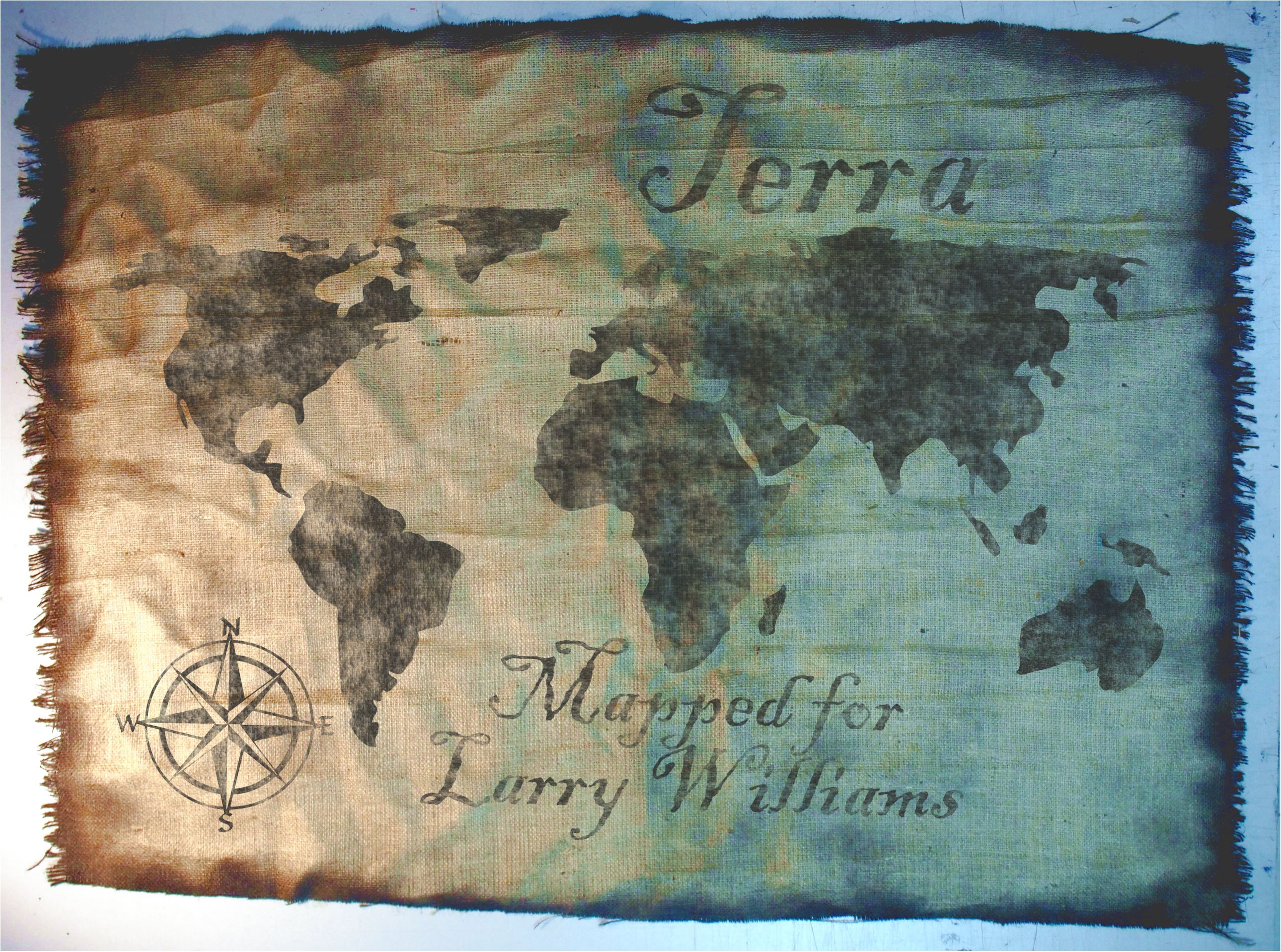 World Map wall art made of worn out burlap, painted by hand | World map