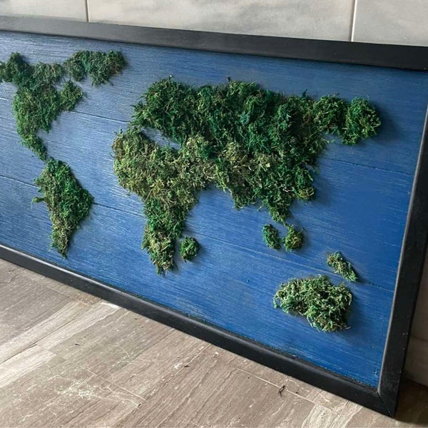 Moss World Map Wall Art, vraie mousse sur bois avec cadre, grand décor naturel pour la maison et le bureau, décorations de plantes vivantes, idée cadeau unique