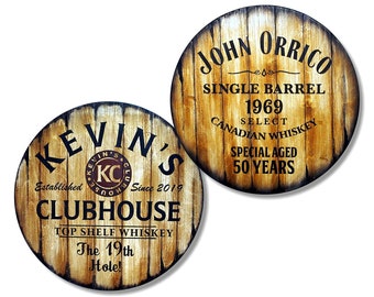 Personalized Bar Stools Tops Round Wood Seats | Set of 2 | Custom artwork inspired by whiskey & wine barrels | Man Cave Home Bar decoration