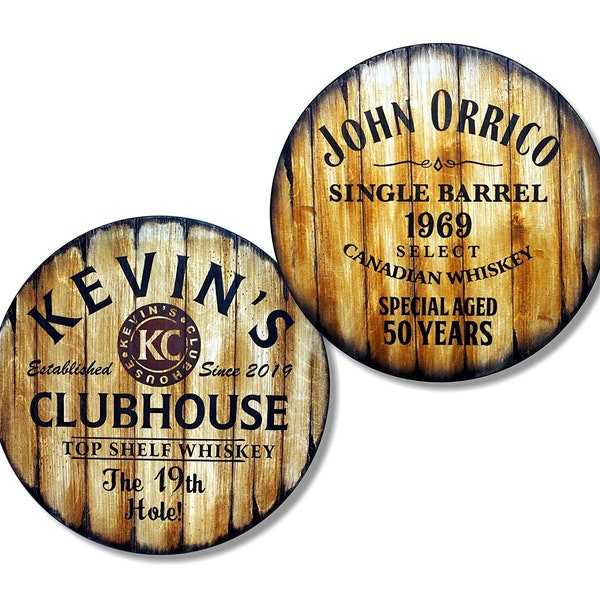 Personalized Bar Stools Tops Round Wood Seats | Set of 2 | Custom artwork inspired by whiskey & wine barrels | Man Cave Home Bar decoration