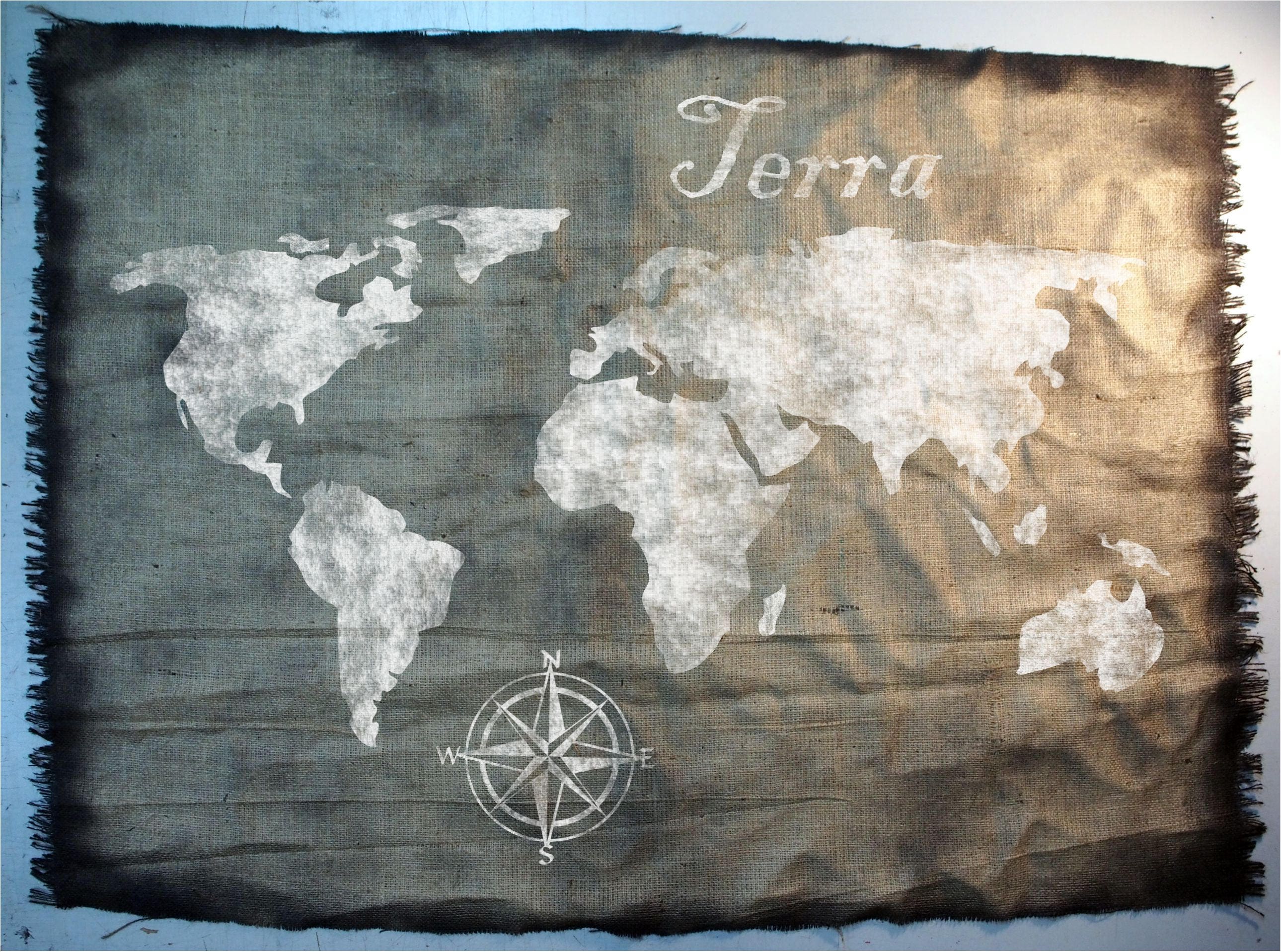 World Map wall art made of worn out burlap, painted by hand | World map