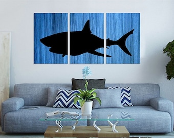 Ocean Deep Blue Great White Shark | Handmade Wall Art Painting on Wood | Wall Decor | Total Size: 30"x 60" - 3 panels 30"x20" each