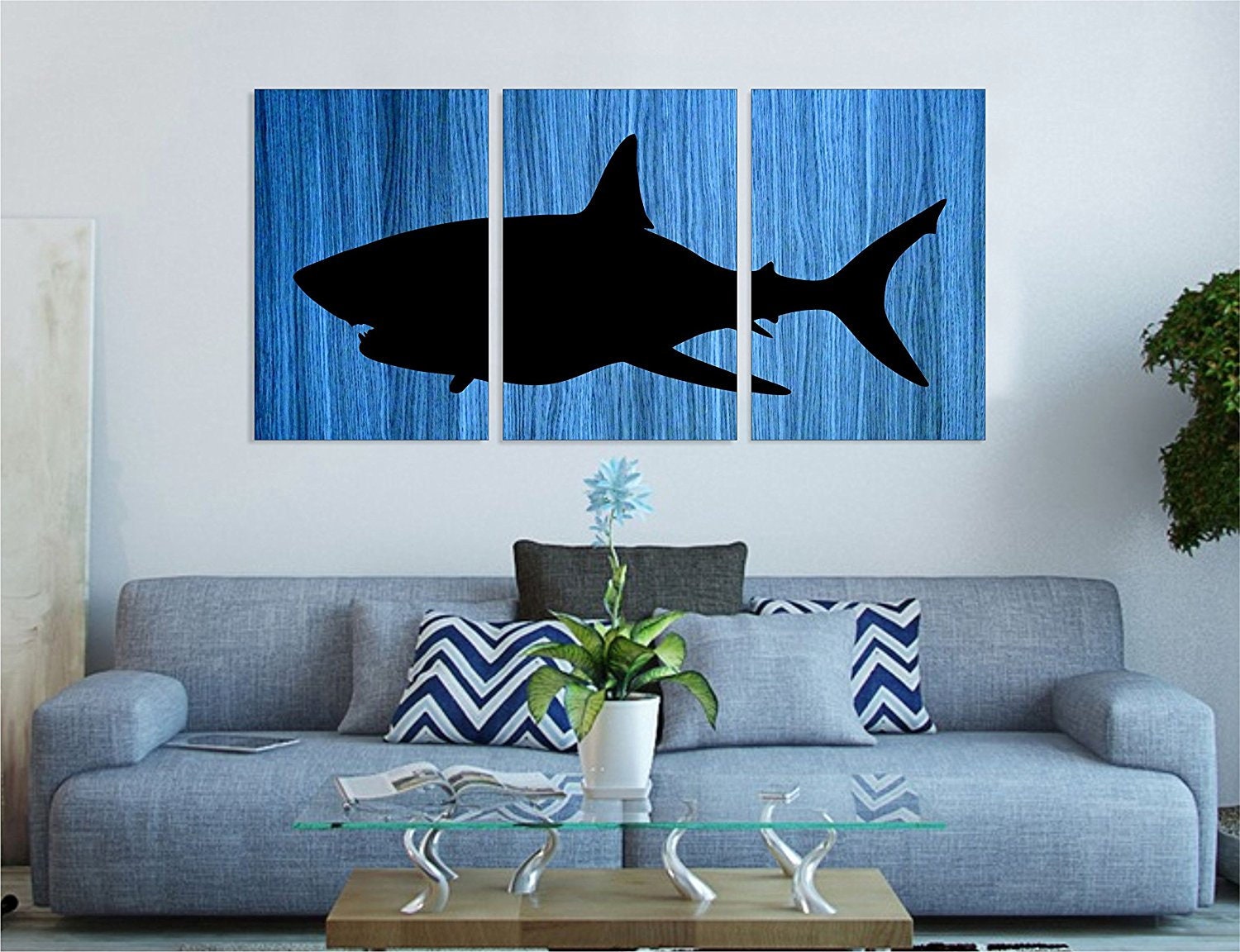 Ocean Deep Blue Great White Shark Handmade Wall Art Painting On Wood Wall Decor Total Size 30x 60 3 Panels 30x20 Each