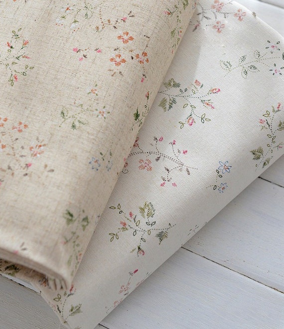 Cotton linen fabric Floral fabric Vintage flowers on natural Etsy