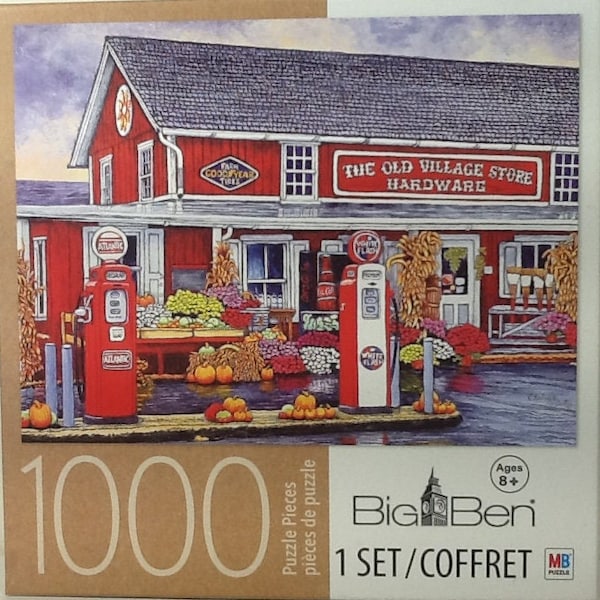 The Old Village Hardware Store Goodyear Tires Atlantic White Flash Gasoline 1000 pc Jigsaw Puzzle 18" X 24" Big Ben