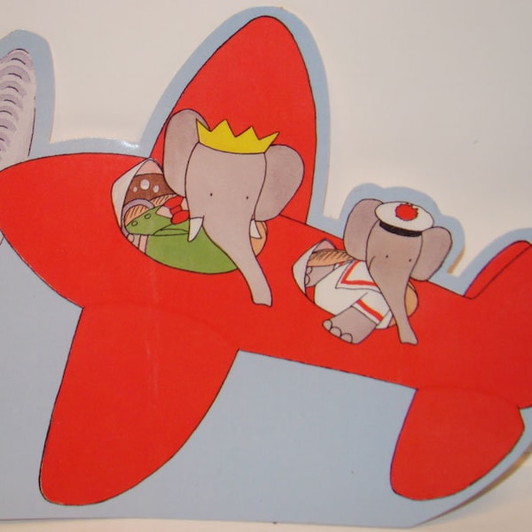 NEW Peaceable Kingdom Press Birthday Card Babar Laurent de Brunhoff Babar & Arthur Flying In Red Propeller Plane No Text Inside 5" X 6-1/2"