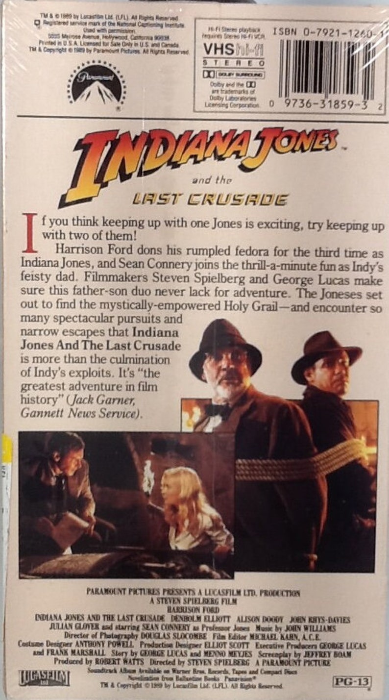 Factory Sealed Indiana Jones And The Last Crusade VHS Harrison Ford Sean Connery 1989 Paramount Home Video Yellow Watermark image 2