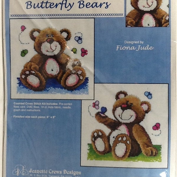 New Old Stock 2007 Jeanette Crews Designs Counted Cross Stitch Kit #FJ-3004-K Butterfly Bears 6" X 6" Finished Size ea