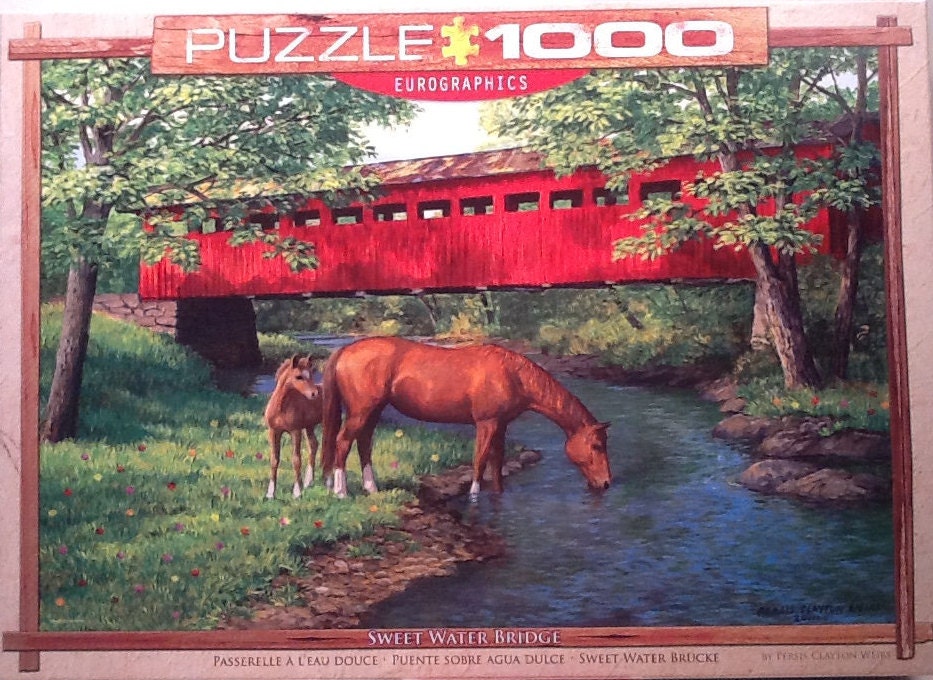 Sweet Water Bridge Horse wFoal Wood Red Covered Bridge Persis Clayton Weirs 1000 pc Jigsaw Puzzle 19-14 X 26-58 Eurographics #6000-0834