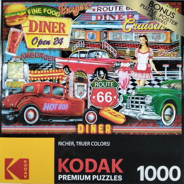 50's Diner Route 66 Hot Rod Diner Edward Wargo Kodak Jigsaw Puzzle 1000 pc 19.25" X 26.625" Rose Art