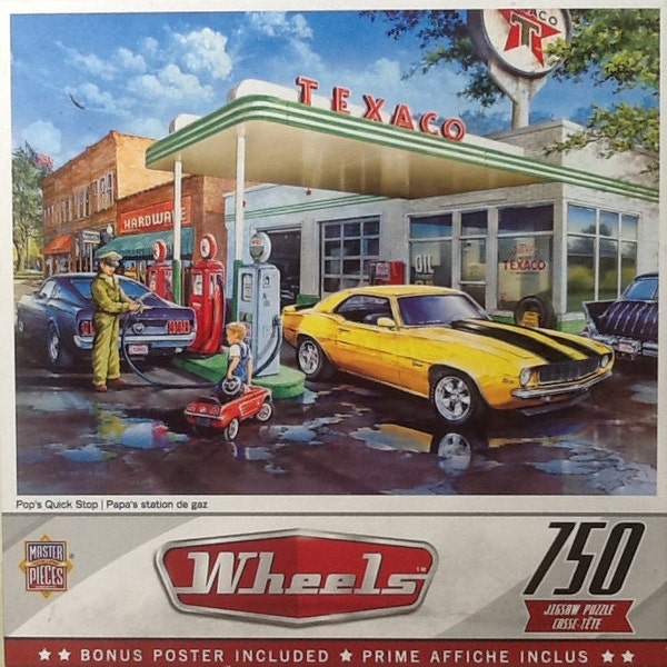 Pop's Quick Stop Harvey's Texaco Station Floyd's Hardware Dan Hatala Classic Muscle Cars 750 pc Jigsaw Puzzle 24 X 18 MasterPieces #60783-W