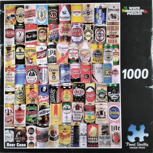 Beer Cans Moosehead St Pauli Girl Blatz Chief Oshkosh Rainier Shipyard Charlie Girard Jigsaw Puzzle 1000 pc 20" X 27" White Mountain 1130T