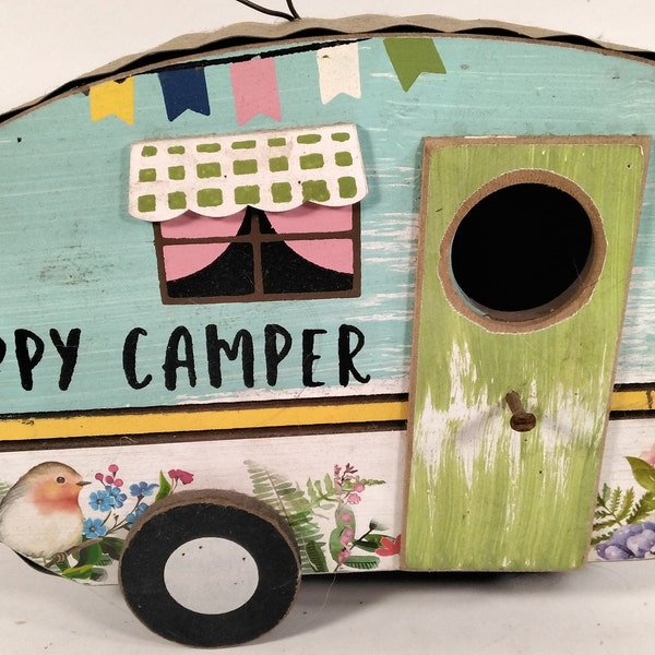 BIRDHOUSE Happy Camper Mobile Home Wood & Tin 9-3/8" (W) 6-1/2" (H) 3" (D) 1-3/8" (Hole) Hanging or Tabletop