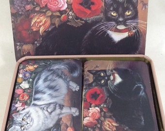 Vintage Poker Playing Cards (Two Complete Decks) Black Cat Floral / White Cat Floral w/Tin Case