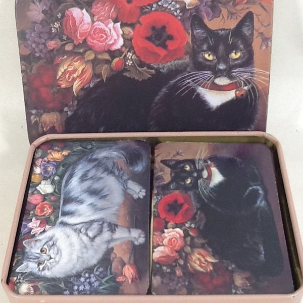 Vintage Poker Playing Cards (Two Complete Decks) Black Cat Floral / White Cat Floral w/Tin Case