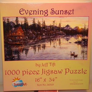 Evening Sunset Jeff Tift Cabin By The Lake Canoe Ducks Mountains 1000 pc Jigsaw Puzzle 16" X 34" SunsOut #36505