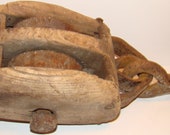 Vintage Antique Iron Wood Double Wheel Block Tackle Barn Pulley With Large Hook