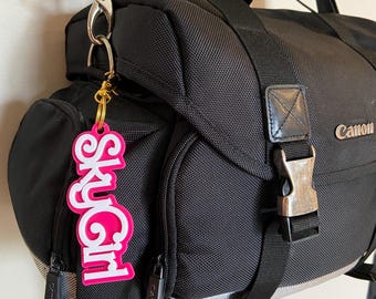 Hot Pink SKYGIRL Luggage Tag: Gold Keychain Purse Charm