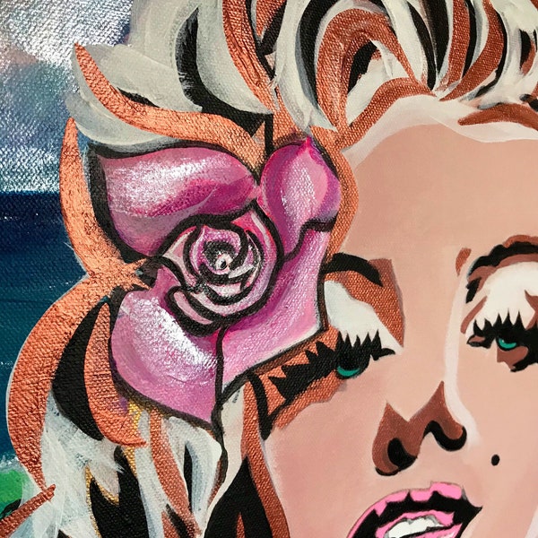 Hand painted original MARILYN MONROE Hollywood icon, vintage Marilyn, at the beach, coastal vibe, coastal grandmother, pink rose in hair