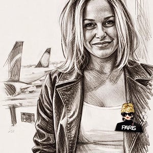 May include: Pencil sketch of a woman with blonde hair wearing a black leather jacket and a white top. A small cartoon image of a woman wearing sunglasses and a black shirt with "PARIS" printed on it is on the right side.