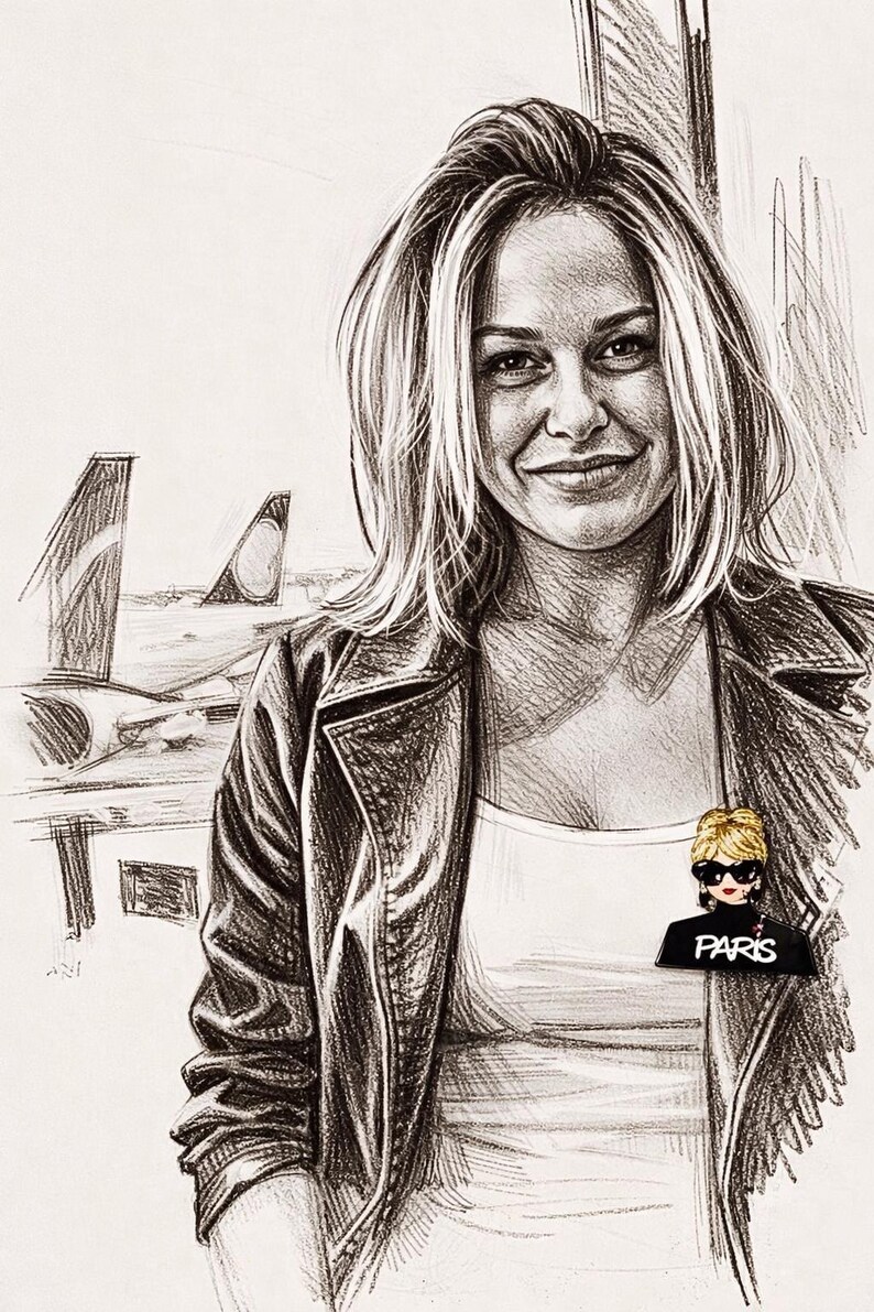 May include: Pencil sketch of a woman with blonde hair wearing a black leather jacket and a white top. A small cartoon image of a woman wearing sunglasses and a black shirt with "PARIS" printed on it is on the right side.