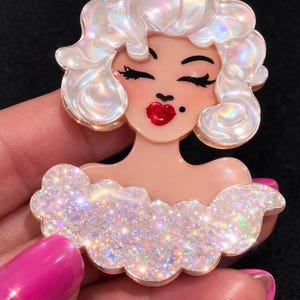 Marilyn Hollywood Brooch: Blonde Icon Pin in Hot Pink Dress, Iridescent Cloud Detail
