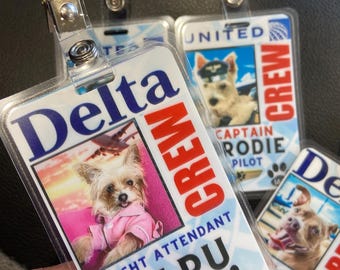 Personalized Pet ID card, Airline badge for your Dog or Cat! Pilot or Flight Attendant luggage tag