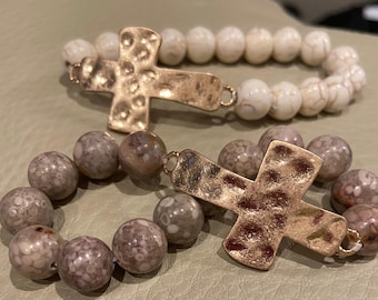 Minimalist Christian Cross Bracelet: Boho style Neutral Bead, Hammered Brass