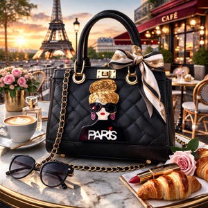 May include: Black quilted handbag with gold chain strap and handle, featuring a decorative woman's face with sunglasses and the word "PARIS". Includes sunglasses, lipstick, croissants, and a cup of coffee.