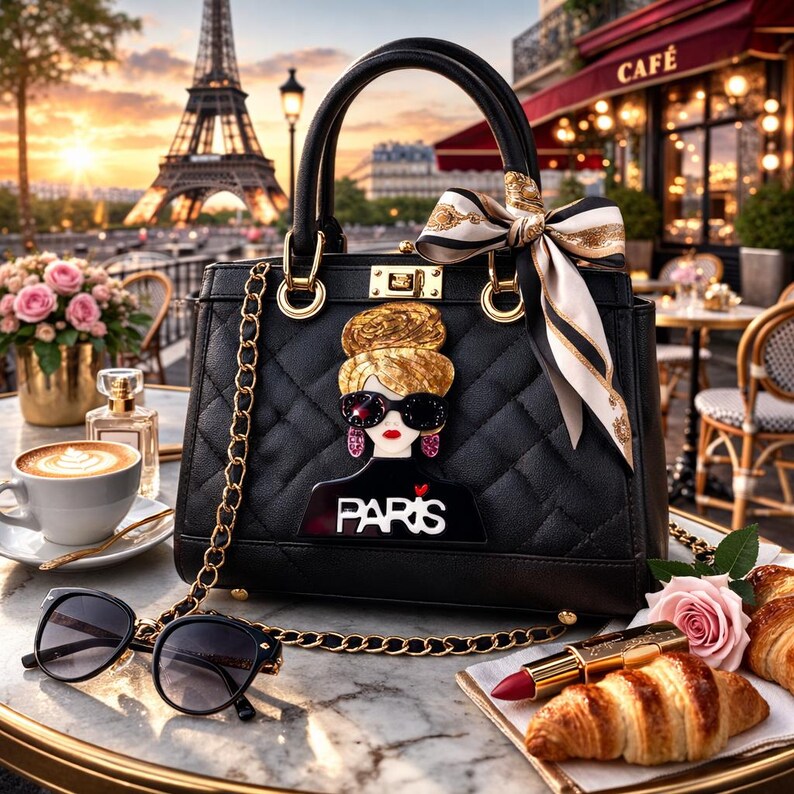 May include: Black quilted handbag with gold chain strap and handle, featuring a decorative woman's face with sunglasses and the word "PARIS". Includes sunglasses, lipstick, croissants, and a cup of coffee.