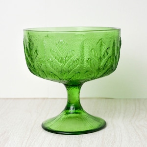 Green Footed Glass Compote with Oak Leaf Design and Textured Surface