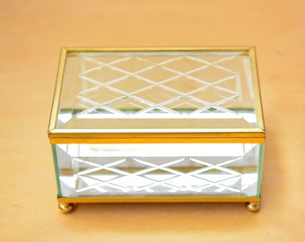 Beveled Diamond Cut Glass Brass Footed Jewelry Box with Mirror