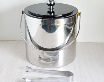 Mid-Century Modern Chrome Ice Bucket With Black Lid and Stainless Steel Tongs