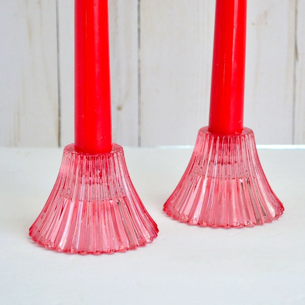 Pink Glass Ribbed Candlestick Holders Set of Two