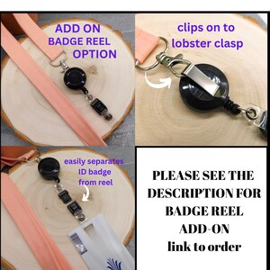 The image is a collage of three photos showing a badge reel with a lobster clasp, instructions on how to add a badge reel, and a description of the badge reel with an attached ID badge.