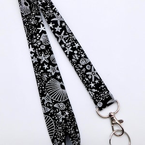 Starfish Seashell Lanyard / Teacher Lanyard for Keys and ID Badge / Midnight Ocean Lanyard in Black and White / Beach Lover Gift Lanyard