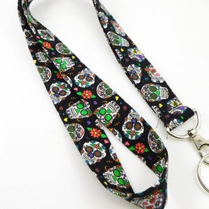 Colorful Sugar Skull Lanyard for Keys or ID | Day of the Dead Badge Holder | Fiesta Skull Keychain | Black Fabric Lanyard | Gothic Gift