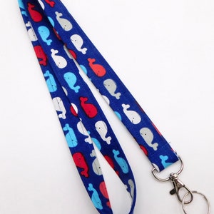 Whale Lanyard / Ocean Beach Lanyard with Red White and Blue Whales / Teacher Lanyard for Keys and ID Badges / Coworker Keychain Gift