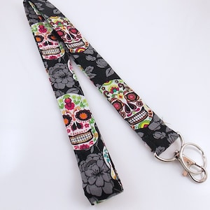 Sugar Skull Lanyard for Keys or ID | Day of the Dead Badge Holder | Colorful Skull Fabric Keychain | Gothic Teacher Gift | Halloween Style