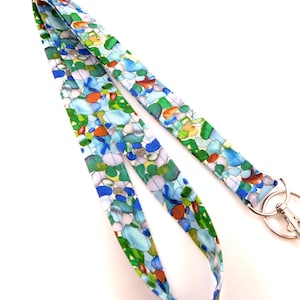 Sea Glass Lanyard for Keys or ID | Ocean-Inspired Lanyard for Teachers | Coastal Fabric Keychain | Beach Gift | Badge Holder for Summer