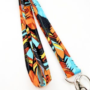 Lanyard with Feathers in Orange Turquoise Black  / Tribal Lanyard / Boho Lanyard / Southwest Lanyard for Keys and ID Badge