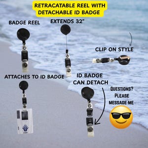 May include: A black retractable badge reel with a detachable ID badge. The reel extends 32 inches. The badge reel attaches to the ID badge and has a clip-on style. The image also includes the text "QUESTIONS? PLEASE MESSAGE ME."