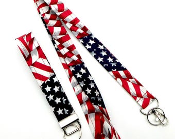 USA Flag Lanyard with Optional Key Fob / Patriotic Key Holder / Optional Breakaway Lanyard  / July 4 Lanyard / America Stars and Stripes