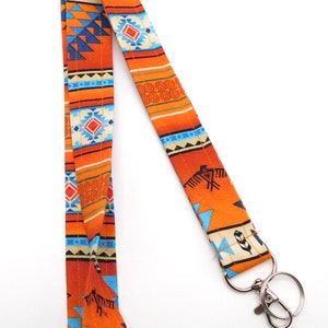 Southwest Design Lanyard in Bright Orange Earth Tones,  Aztec Inspired Key Holder, ID Badge Strap, Lanyard for Teacher Keys and Badge