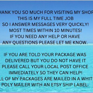 May include: Text on a blue background with a message about visiting a shop, answering messages quickly, and providing help with any questions. The text also includes information about package delivery and how packages are mailed.