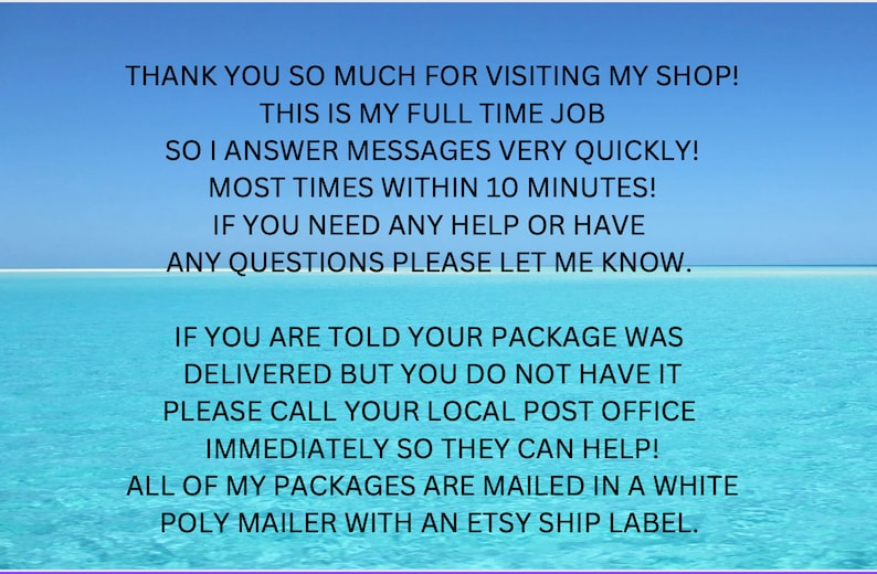 May include: Text on a blue background with a message about visiting a shop, answering messages quickly, and providing help with any questions. The text also includes information about package delivery and how packages are mailed.