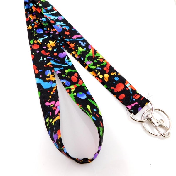 Rainbow Splattered Lanyard / Rainbow Key Fob / Breakaway Paint Splatter Lanyard