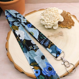 Blue Floral Rifle Paper Co Lanyard - Cottagecore Flower Lanyard for Keys and ID Badge, Garden Lover Gift, Teacher Lanyard