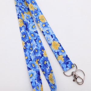 Blue Yellow Flower Lanyard for Teachers / Garden Lanyard / Floral Key Holder / ID Badge Holder with Flowers / Optional Breakaway